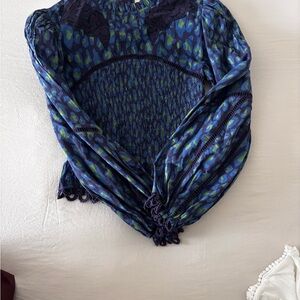 Farm Rio Blue Floral Smocked Long-Sleeve Women's Top xs